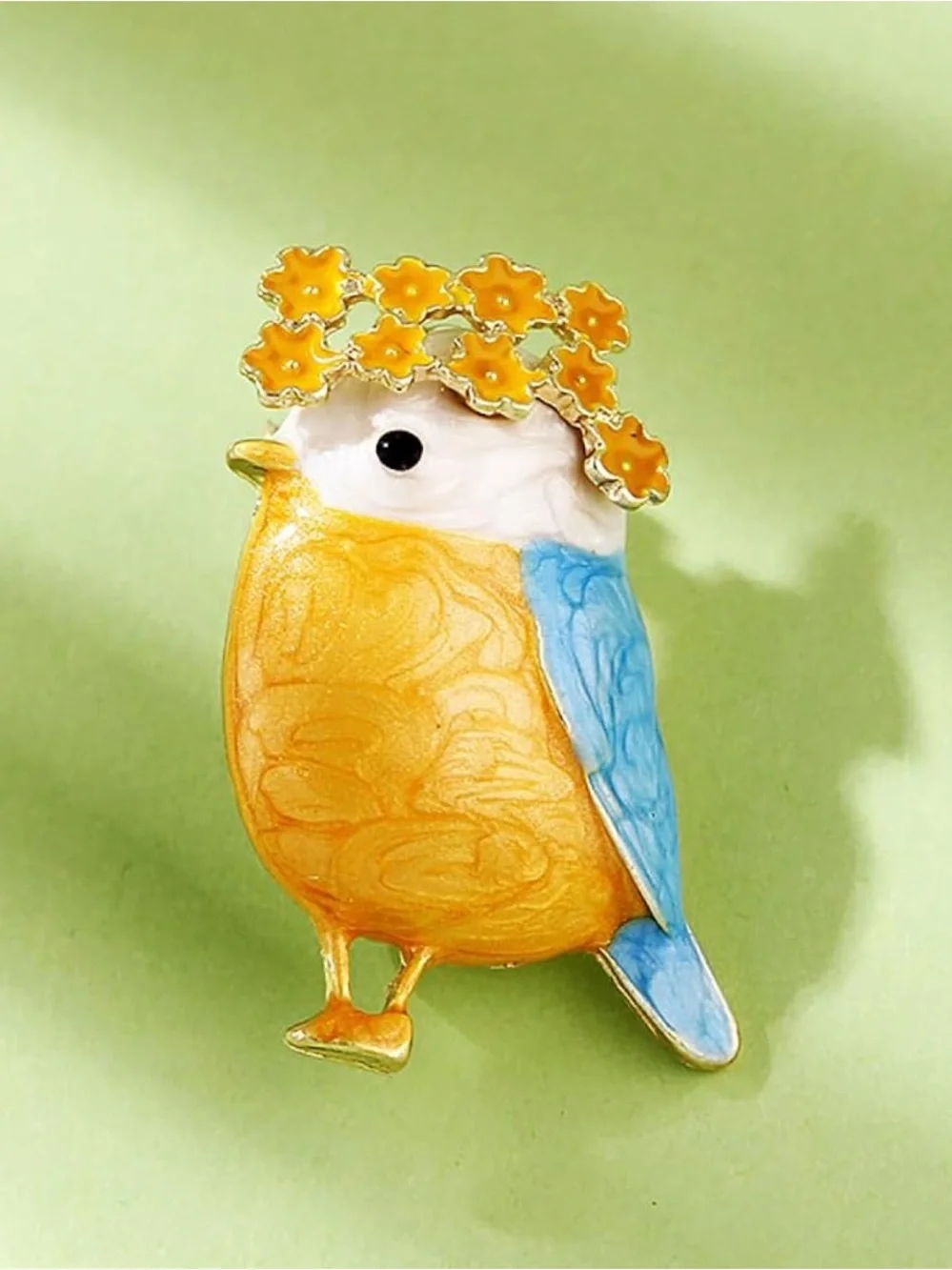 Yellow and Blue Enamel Bird Brooch with Floral Crown